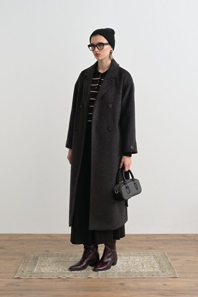 Nihan Kuşaklı Kruvaze Yün Kaban Antrasit