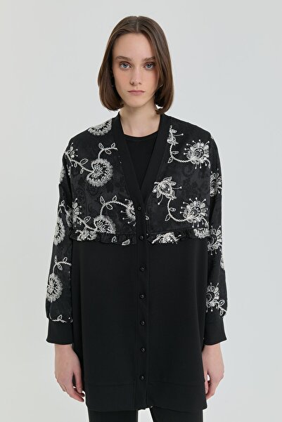 Nihan Rahat Kalıp Nakış Detaylı Örme Hırka Siyah