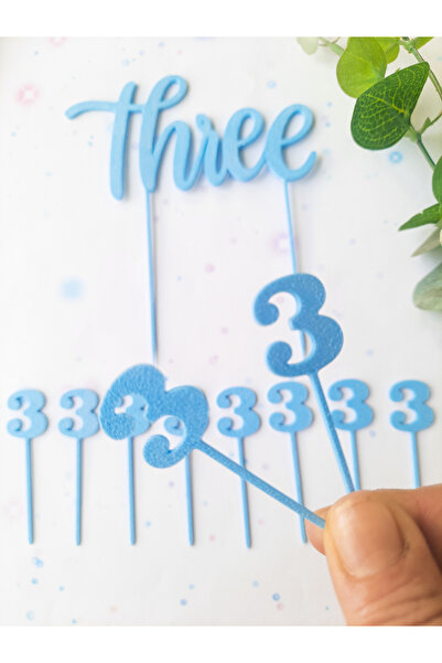 Atolye Doruk Blue 3Rd Birthday Cake Topper - Three Cake Lettering - Number 3 Cupcake Picks - Boy's Birthday