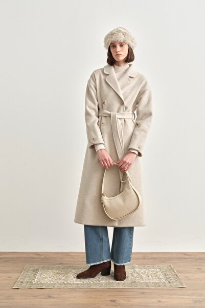 Nihan Kuşaklı Kruvaze Yün Kaban Bej