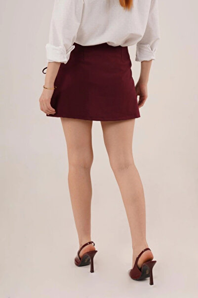 GENCULUS Burgundy Mini Short Skirt with Pleated Front and Side Tie Detail