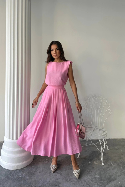 GENCULUS Chain Sleeve Blouse Maxi Skirt Set Pink