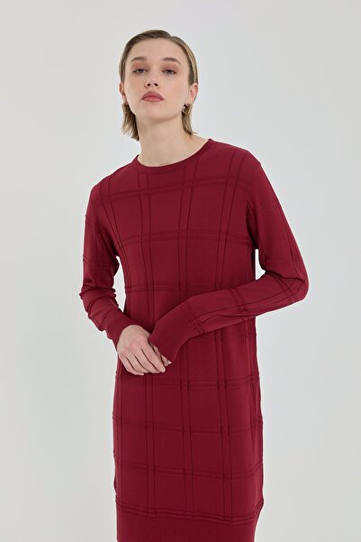 Nihan Kendinden Desenli Rayon Triko Tunik Bordo