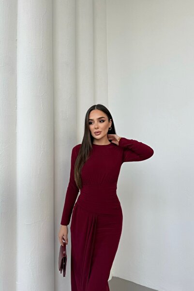 Mezka Kadın Drapeli Uzun Kollu Ön Parça Detaylı Büzgülü Elbise