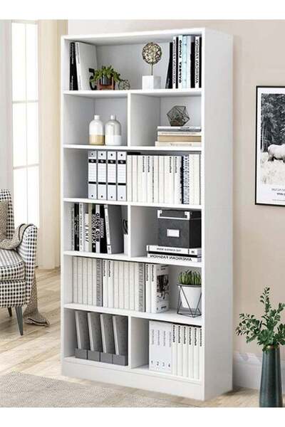 Raffine White Wooden Bookshelf, 180x60x24 cm, 6 Shelves