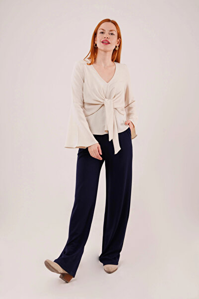 GENCULUS Front Tie Flywheel Sleeve Ecru Blouse