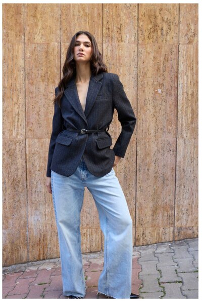 ossons Striped and Belt Detailed Cashmere Jacket