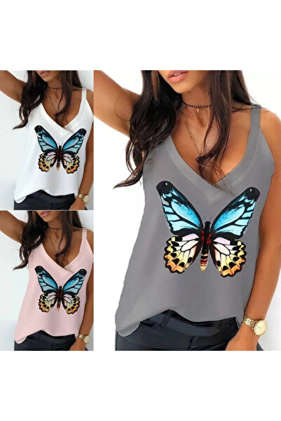 GENCULUS Women's Butterfly Printed Sandy Fabric Strap Blouse