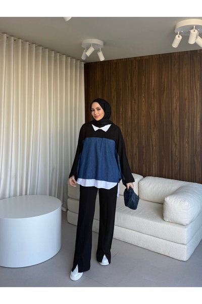 dimoroffical Siyah Denim Detaylı Tunik Pantolon Takım