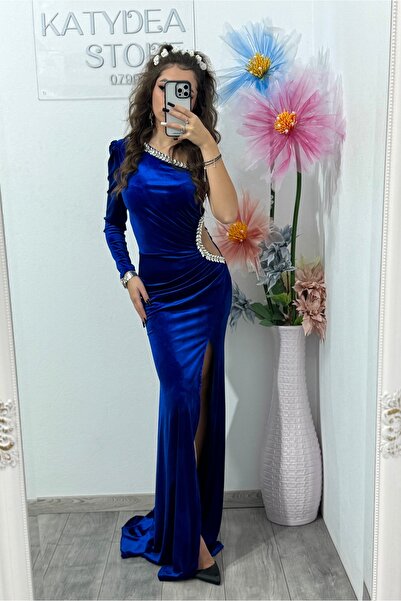 KATYDEA STORE Helena rochie lungă din catifea spectaculoasă albastru electric