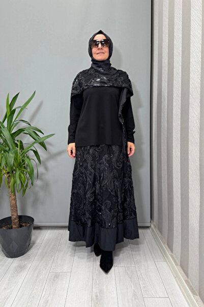 MissWhence Lace Skirt Blouse Set Black (Sequined) 38219