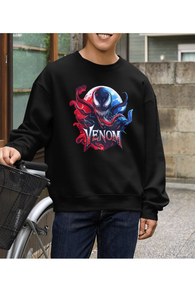 shi dumanlar giyim سويت شيرت يونيسكس فينوم مطبوع قصة فضفاضة برقبة دائرية