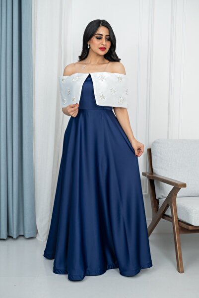 TREN Elegant Off-Shoulder Evening Gown with Crystal Embellished Bodice in Royal Blue and White