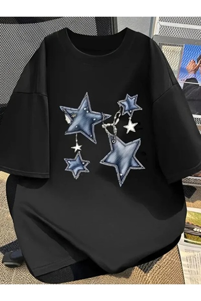 shi dumanlar giyim Oversize Bay/ Zincirli Yıldız Baskılı Penye Tshirt