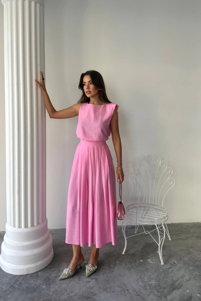 GENCULUS Chain Sleeve Blouse Maxi Skirt Set Pink