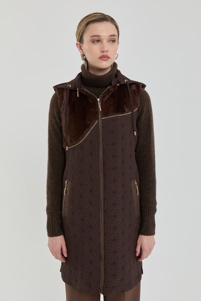 Nihan İnce Kapitone Peluş Detaylı Yelek Kahve