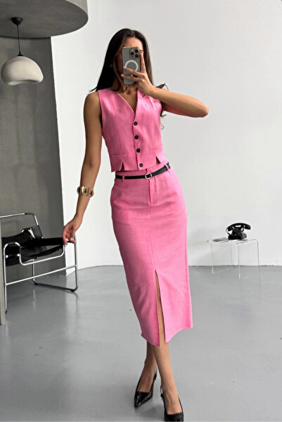 GENCULUS Yeekönden Yirtaçi Etek Tk Şantuk Keten Pink