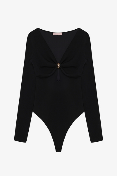 Butik Halka Aksesuarlı Uzun Kollu Bodysuit Siyah