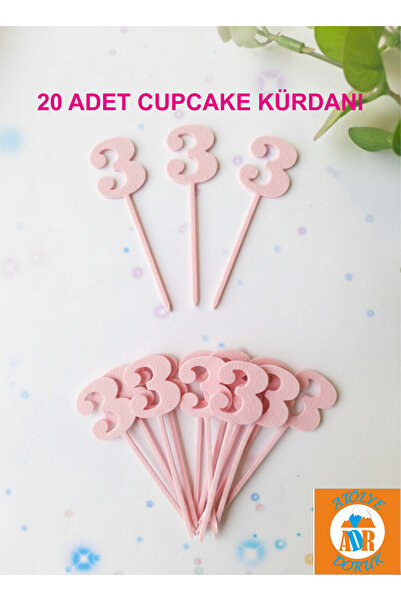 Atolye Doruk Pink Number 3 Cupcake Toothpick - Baby Girl 3 Year Old Birthday Cake Decoration Supplies