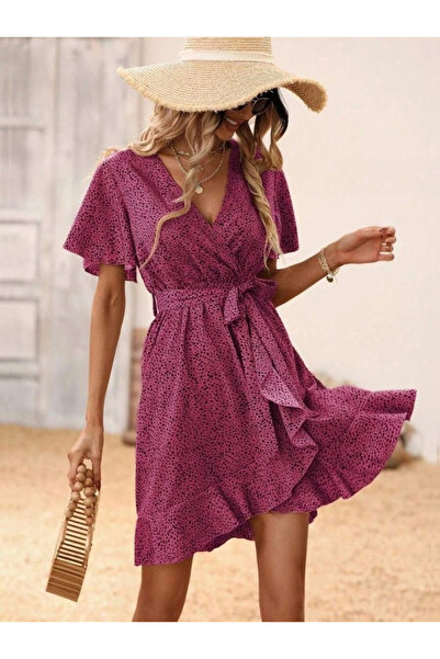 GENCULUS Women's Short Butterfly Sleeve Double Breasted Collar Waist Belted Short Patterned Single Jersey Dress