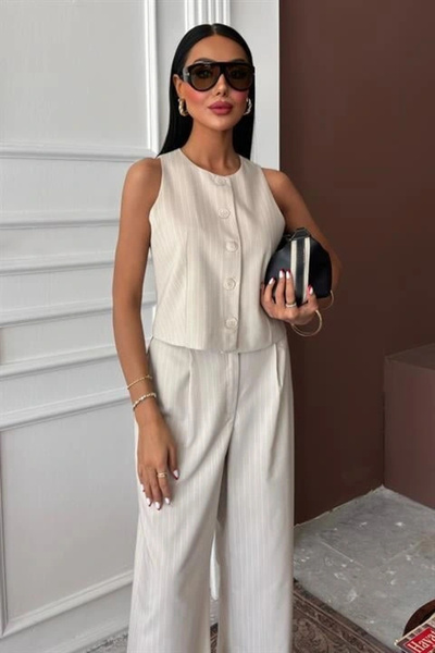 GENCULUS Vest Plazzo Pants Striped Flared Polyviscon Suit 10178