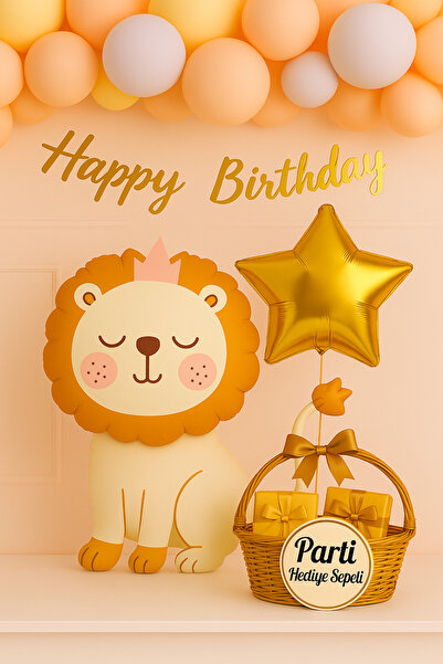 parti hediye sepeti Aslan Temalı Happy Birthday Doğum Günü Süs Seti | Gold Yı...