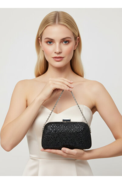 Biçanta Geantă de seară pentru femei, cu lanț de piatră de culoare neagră, cu...