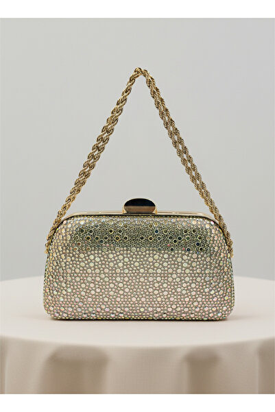 Biçanta Gold Gold Color Stone Chain Detailed Chain Handle Women's Evening Dress Bag Wedding Engagement Graduation