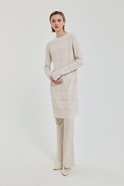 Nihan Kendinden Desenli Rayon Triko Tunik Bej