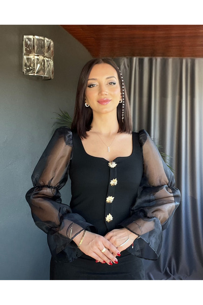 PATEVA Balon Kol Kare Yaka Bluz