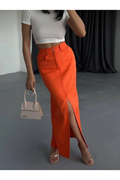 GENCULUS Gabardine Long Front Slit Skirt Orange