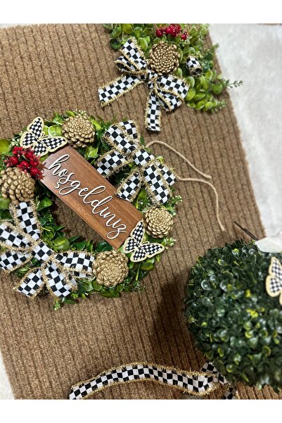 Marrone Büyük Boy Paspas 100*50 cm Şimşir Kapı önü Ağacı 50 cm Çelenk 3'lü Set