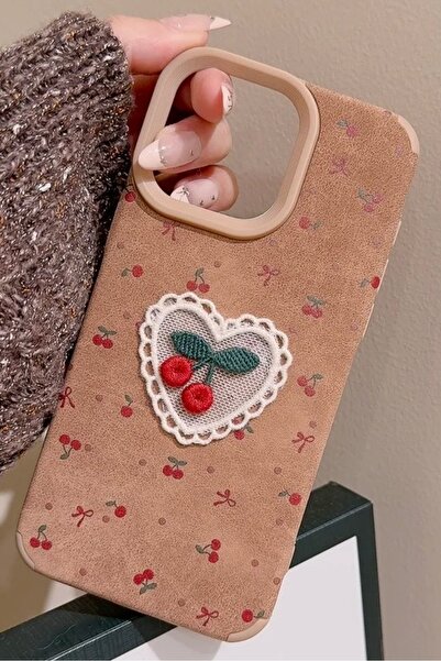 EDELFU iPhone 16 Pro Max - Cherry Heart Lace Brown Velvet Cover Heart Lace Silicone Case