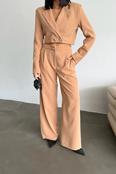 GENCULUS Crop Jacket Pantoon Taki God Düğe Detail Brown