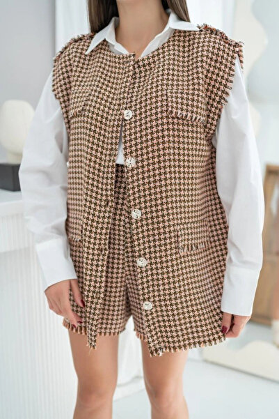 GENCULUS Brown Houndstooth Vest and Shorts Set