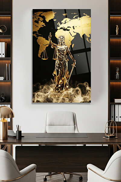 TAULART Themis Statue Design with World Map Glass Table Modern Unbreakable Glass Table Law Office Table