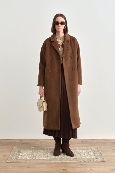 Nihan Kuşaklı Kruvaze Yün Kaban Açık Kahve