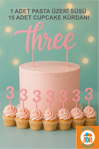Atolye Doruk Pink 3Rd Birthday Cake Topper - Three Cake Lettering - Number 3 Cupcake Picks - Baby Girl Birthday
