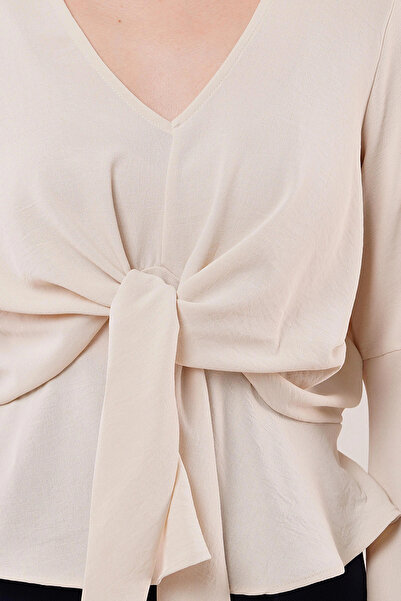 GENCULUS Front Tie Flywheel Sleeve Ecru Blouse