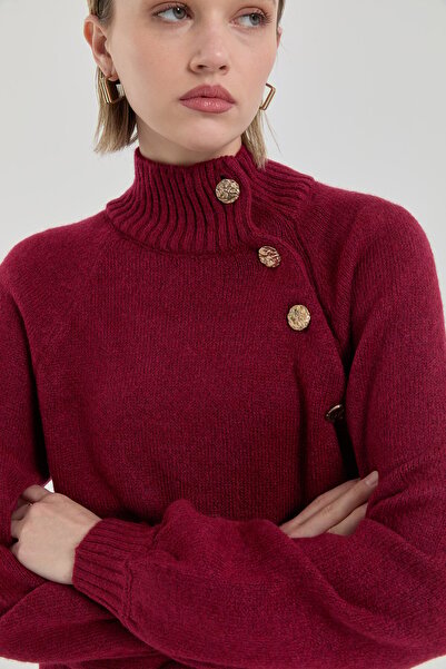 Nihan Düğme Detaylı Triko Tunik Bordo