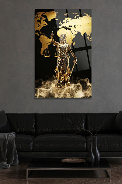 TAULART Themis Statue Design with World Map Glass Table Modern Unbreakable Glass Table Law Office Table