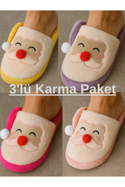 STOCON 3-Piece Colorful Santa Claus Embossed Embroidered Silent Sole Christmas Gift Slippers House Slippers Stc1190