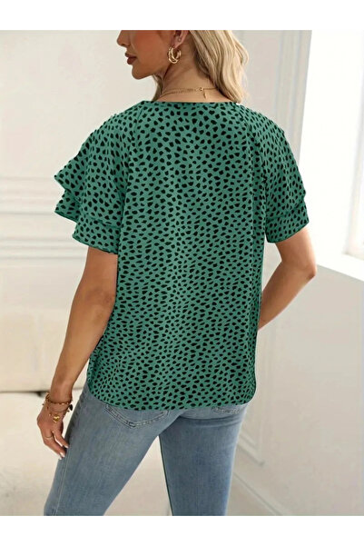 GENCULUS Women's Short Sleeve Flywheel Printed Single Jersey Blouse