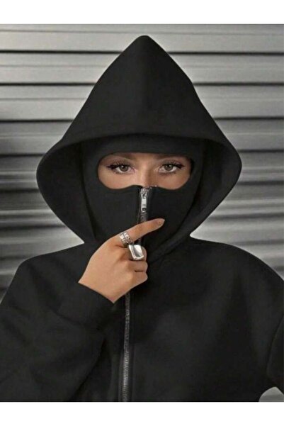 AMMA Women's Inside Zipper Masked K Hooded Biker Jacket Sweatshirt Hoodie