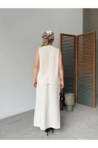 GENCULUS Linen Sleeveless Cardigan Skirt Two-Piece Set White