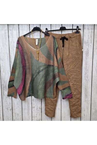 pudubutik Batik Print Italian Knitwear Sweater Camel