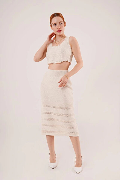 GENCULUS Knitted Detailed Skirt and Blouse Cream Set