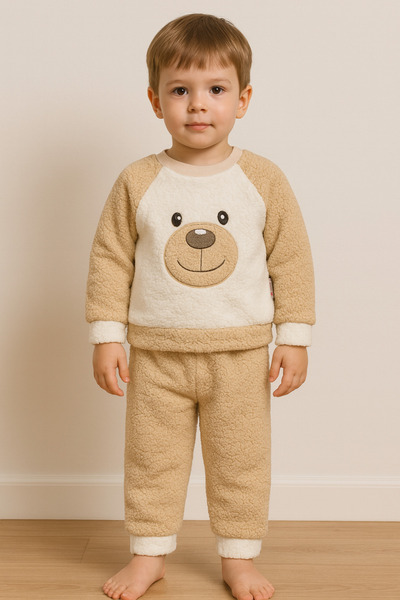 Bubito Teddy Bear Embroidered Baby & Kids Winter Plush Welsoft Top and Bottom Set - Beige