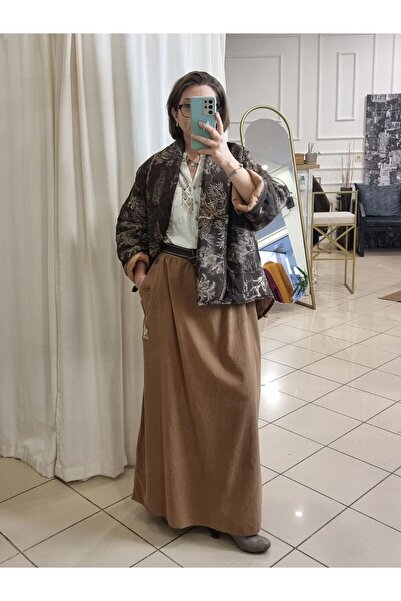 pudubutik Loose Cut Velvet Long Skirt Camel