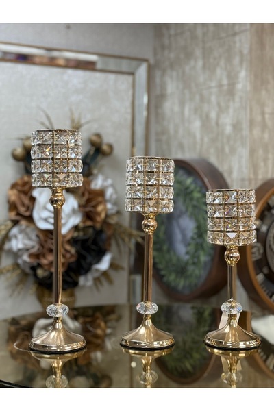 city gold 3'lü Gold Kristal Şamdan 35-30-25 Cm